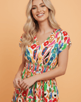 Abstract V-Neck Dolman Sleeve Ruffle Tiered Mini Dress