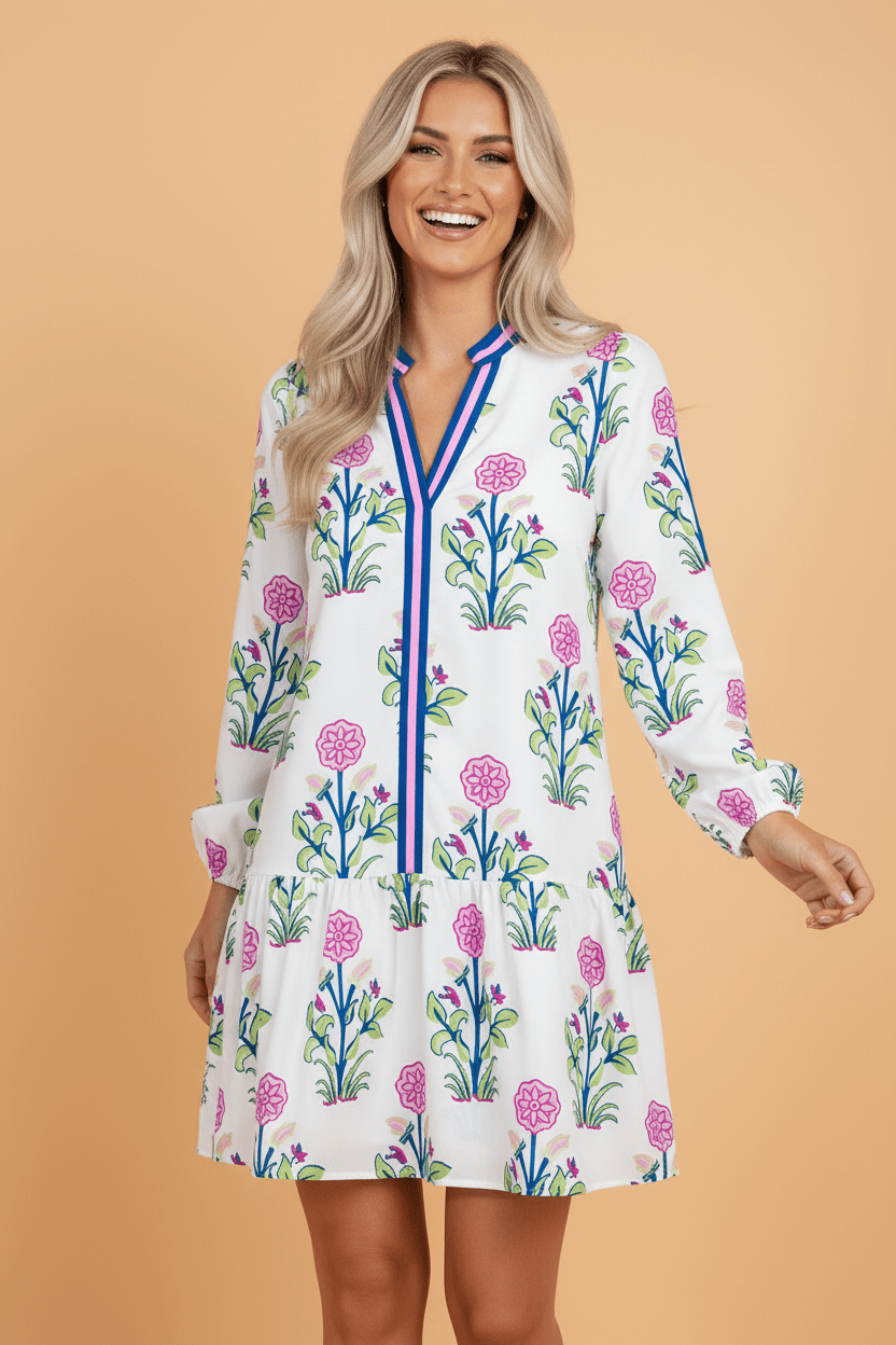 Floral Contrast Stripe Trim Notch Neck Dress