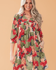 Floral Frilled Collar V-Neck 3/4 Sleeve Dress