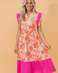 Floral Colorblock Ruffle Short Sleeve Midi Dress