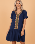 Leopard Contrast Trim Short Sleeve Drop Waist Dress