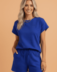Textured Short Sleeve Top & Drawstring Shorts Set