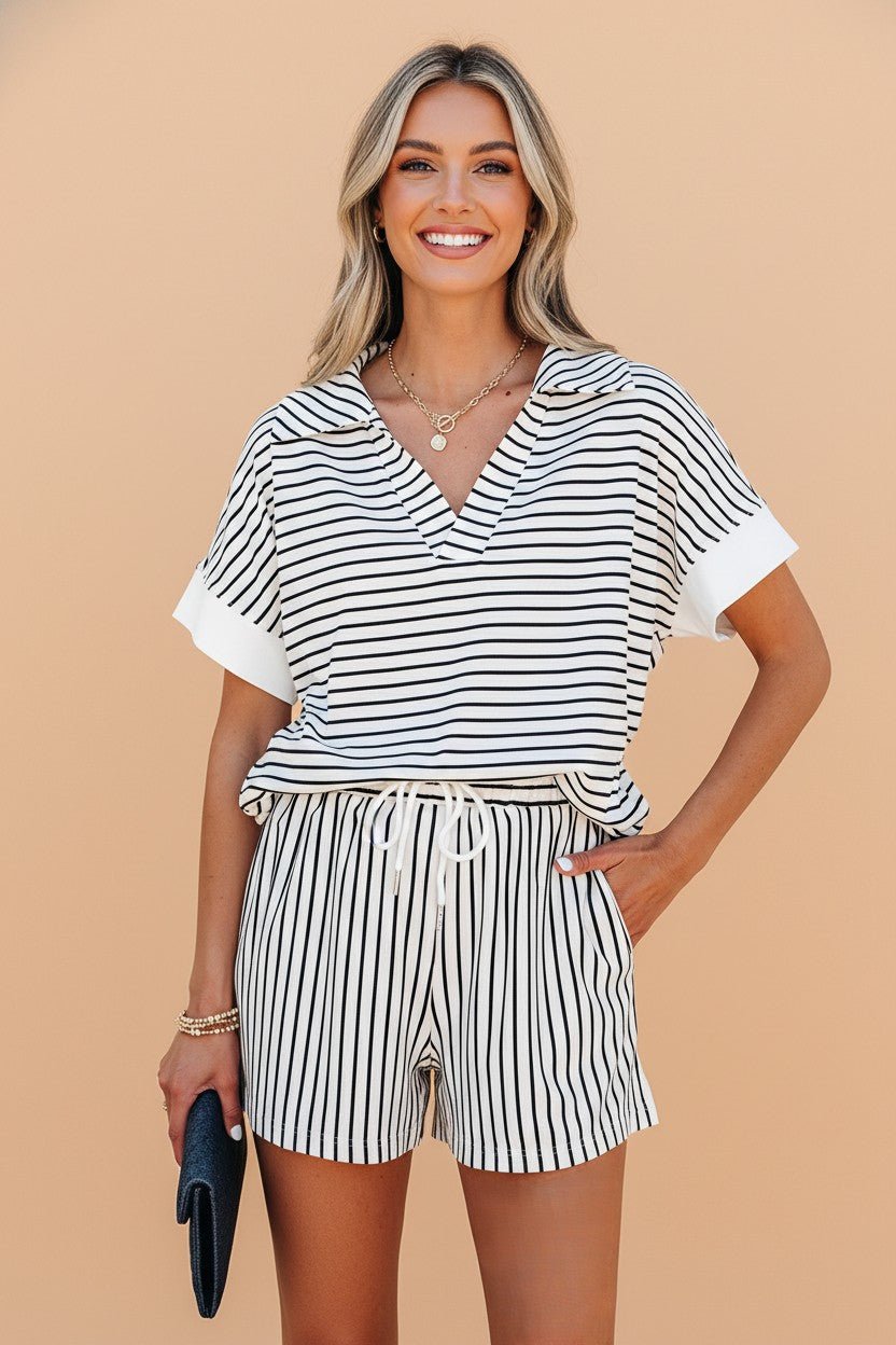 Stripe Collared V-Neck Tee &amp; Shorts Set