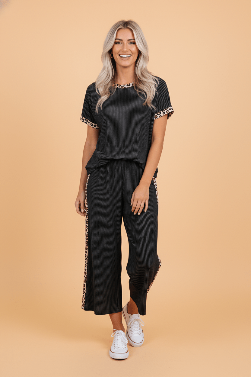 Leopard Patchwork Corded Knit Top &amp; Crop Pants Set