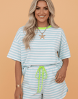 Stripe Contrast Trim Tee & Drawstring Shorts Set