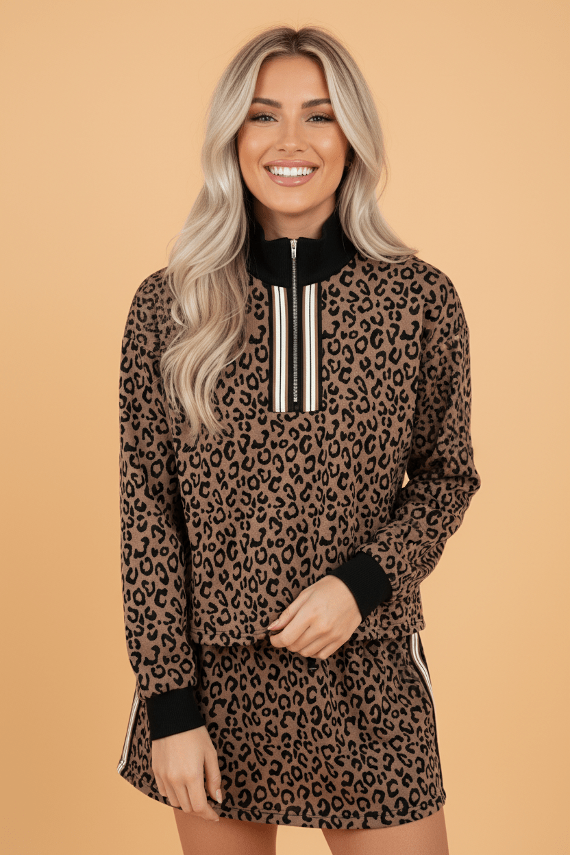Leopard Quarter Zip Top &amp; Mini Skirt Set