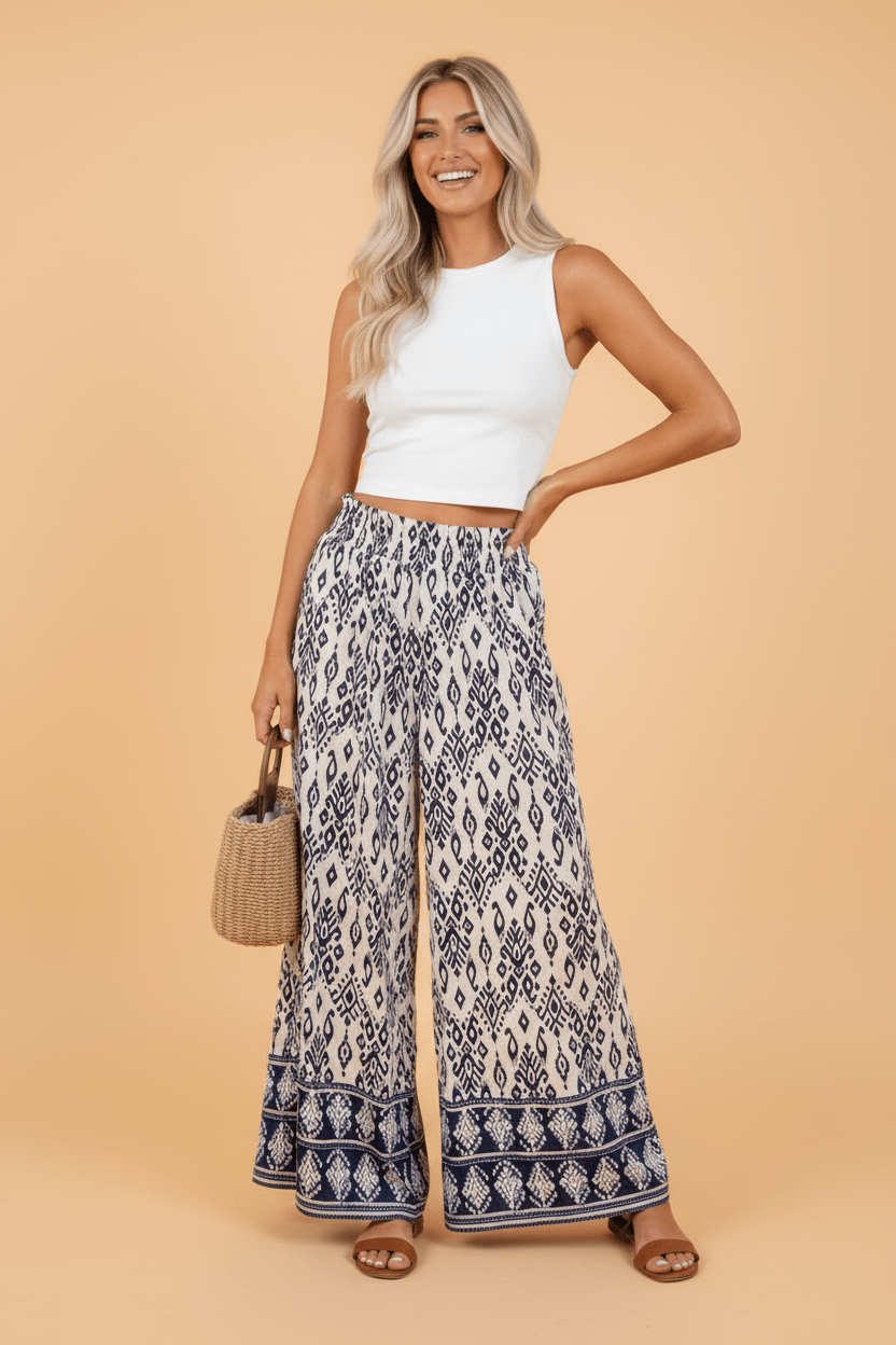 Boho Smocked High Waist Wide Leg Pants