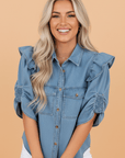 Solid Denim Ruffle Puff Sleeve Buttoned Shirt