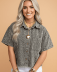 Leopard Denim Short Sleeve Button Up Cropped Shirt