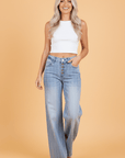 Pinstripe Denim Buttoned Wide Leg Jeans