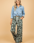 Camo Wide Leg Drawstring Denim Pants