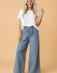 Stripe Buttoned High Waist Pleated Wide Leg Jeans