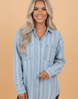 Stripe Denim Chest Pocket Boyfriend Shacket