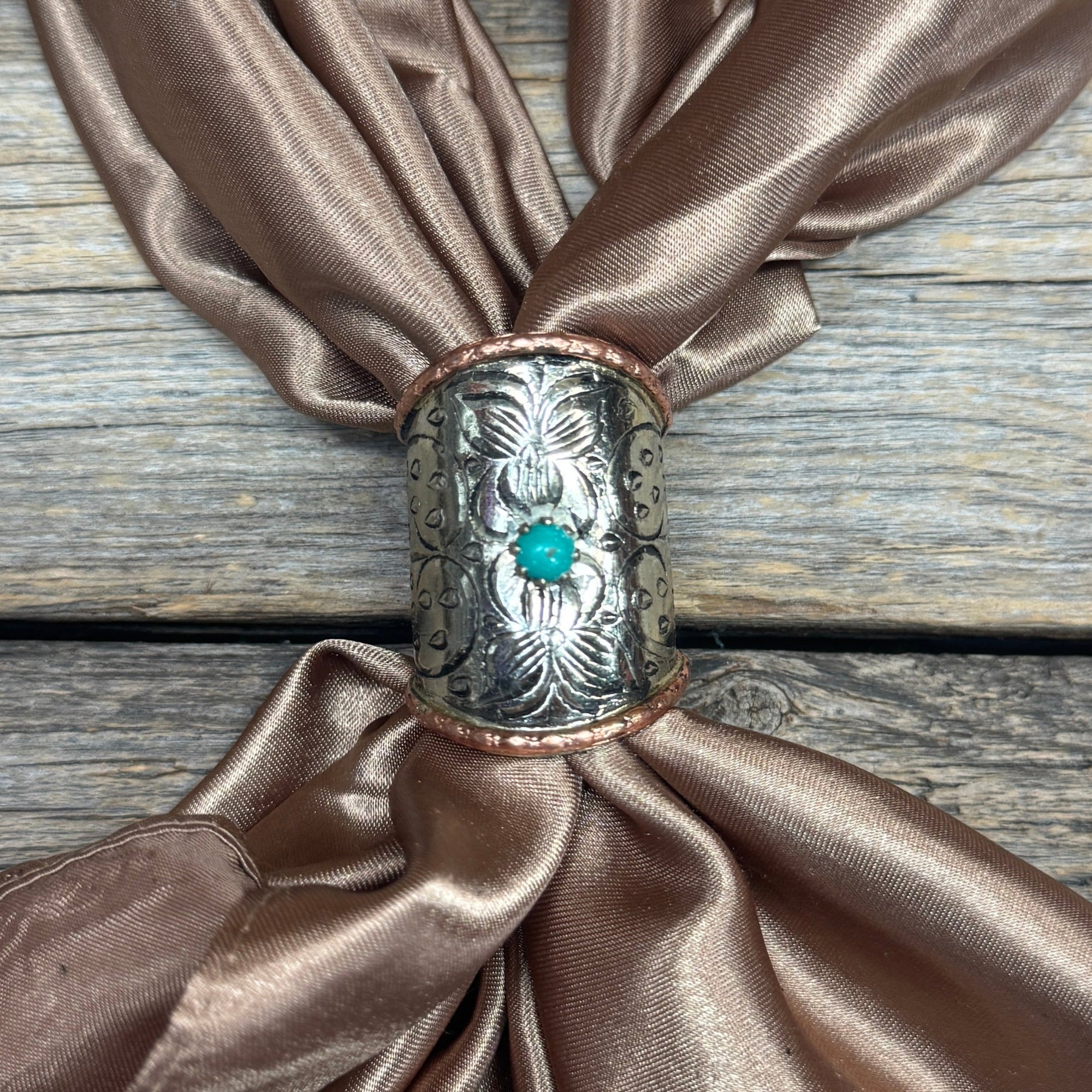 Silver Engraved Small Flower with Turquoise Wild Rag Slide 