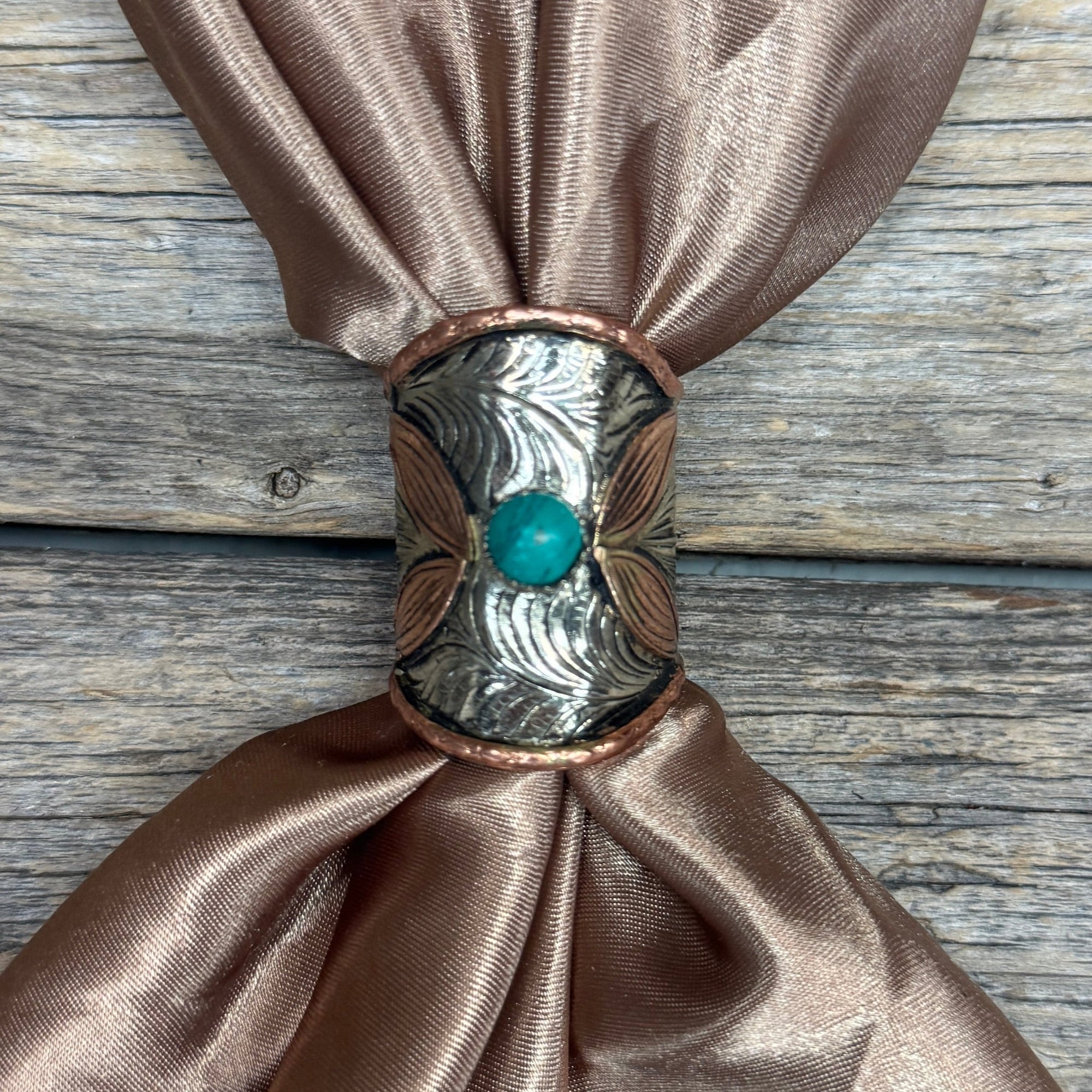 Silver Engraved Copper Leaf with Turquoise Wild Rag Slide 