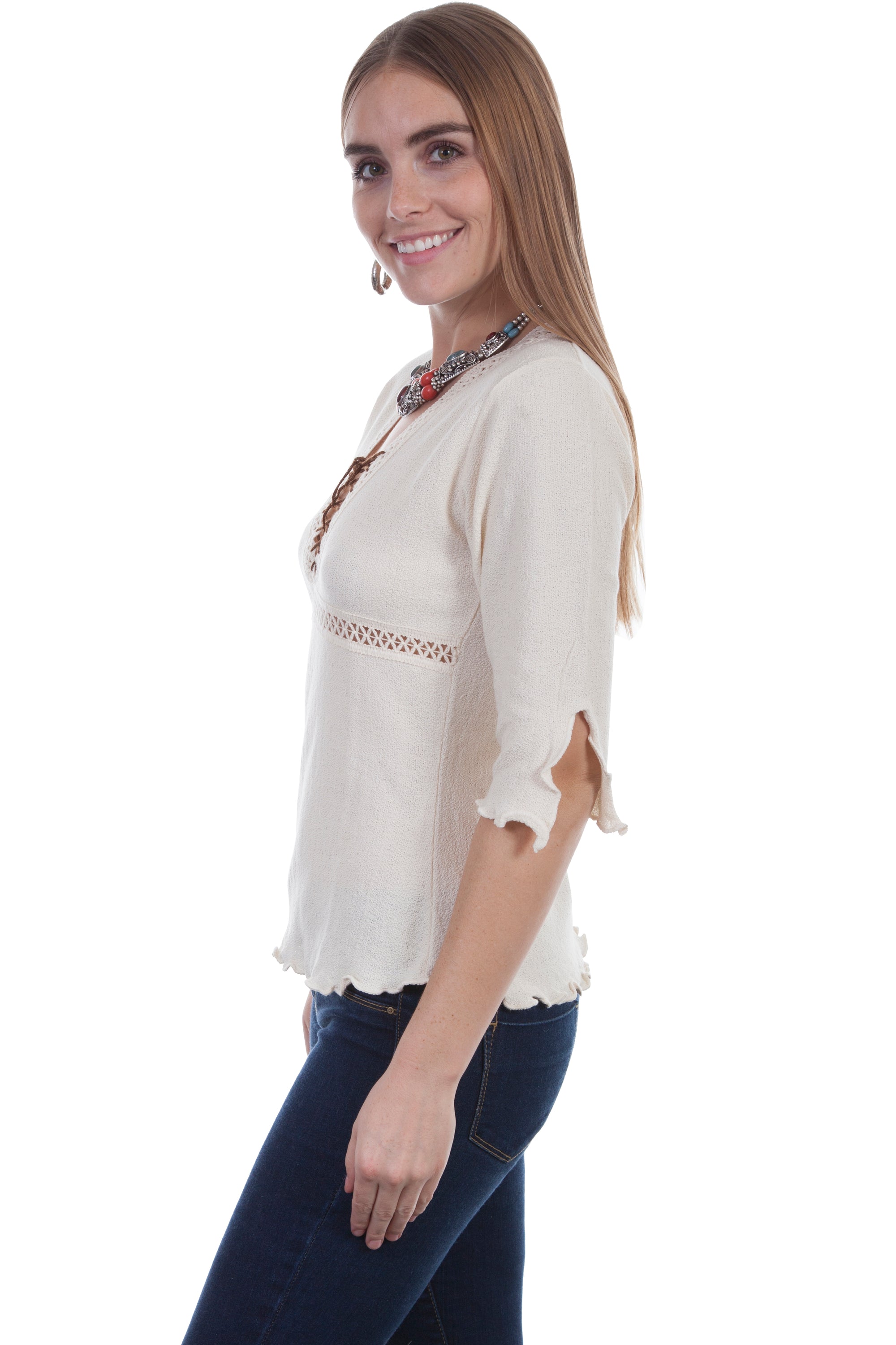 Three-Quarter Sleeve Lace Up Front Blouse