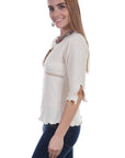 Three-Quarter Sleeve Lace Up Front Blouse