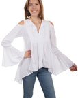Tie Front Cold Shoulder Bell Sleeve Blouse