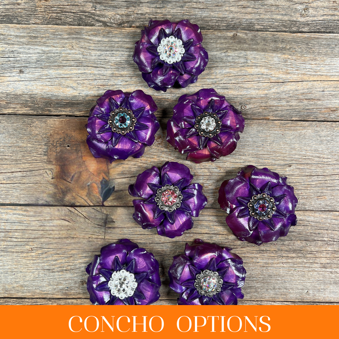 Purple Gardenia Leather Flowers - 1" Crystal Conchos - Options