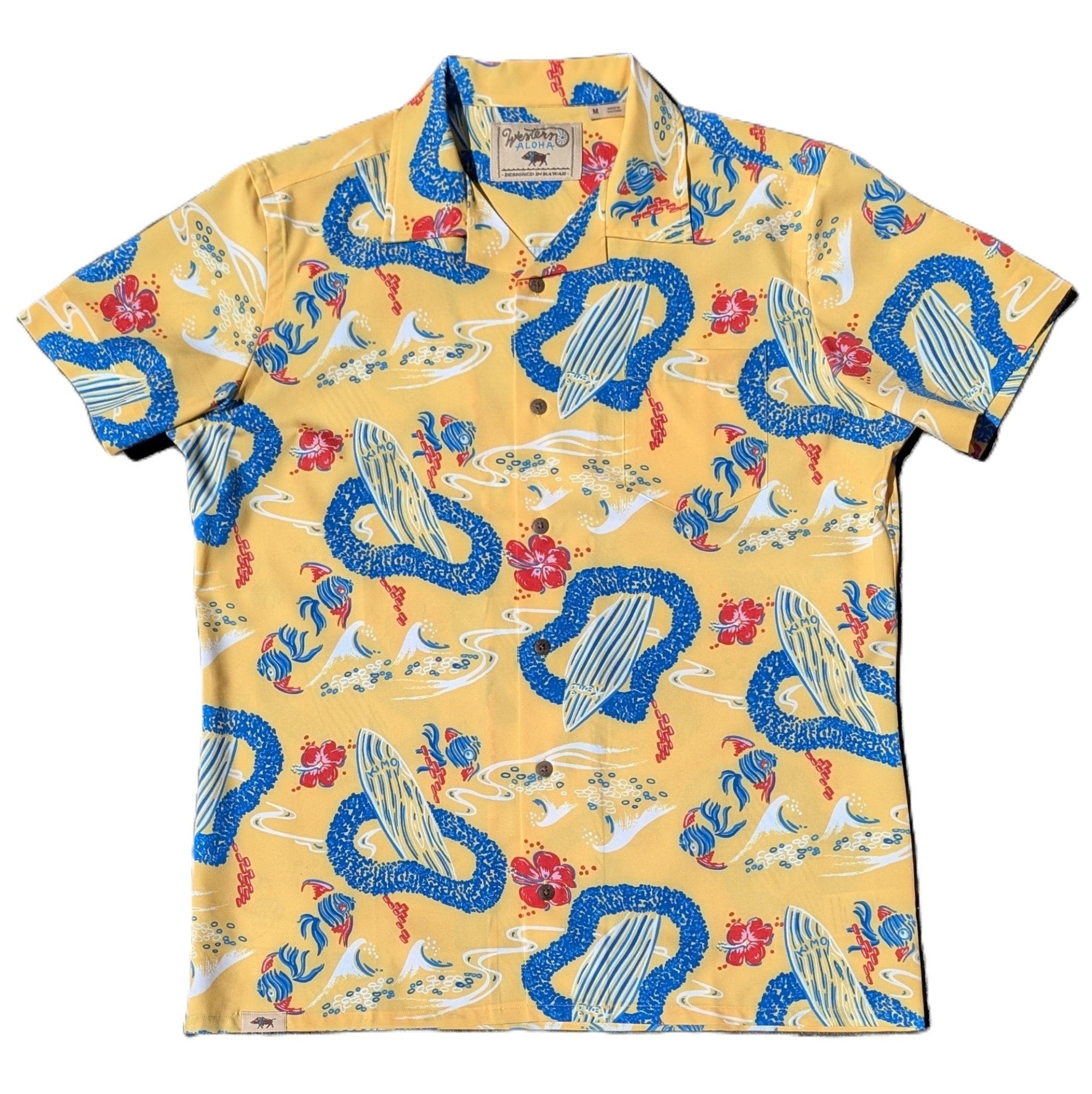 Surfboard Yellow Hawaiian Camp Shirt With Vintage Surf Style For Sunny Vacations