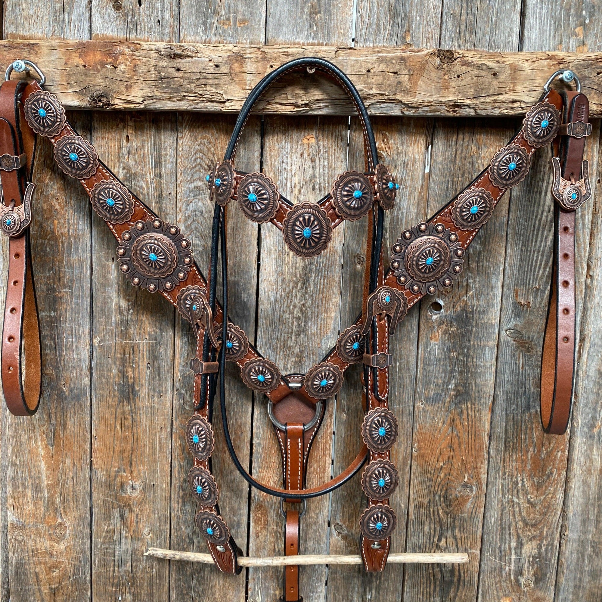 Medium Oil Navajo Style Copper Turquoise Browband &amp; Breastcollar Tack Set 