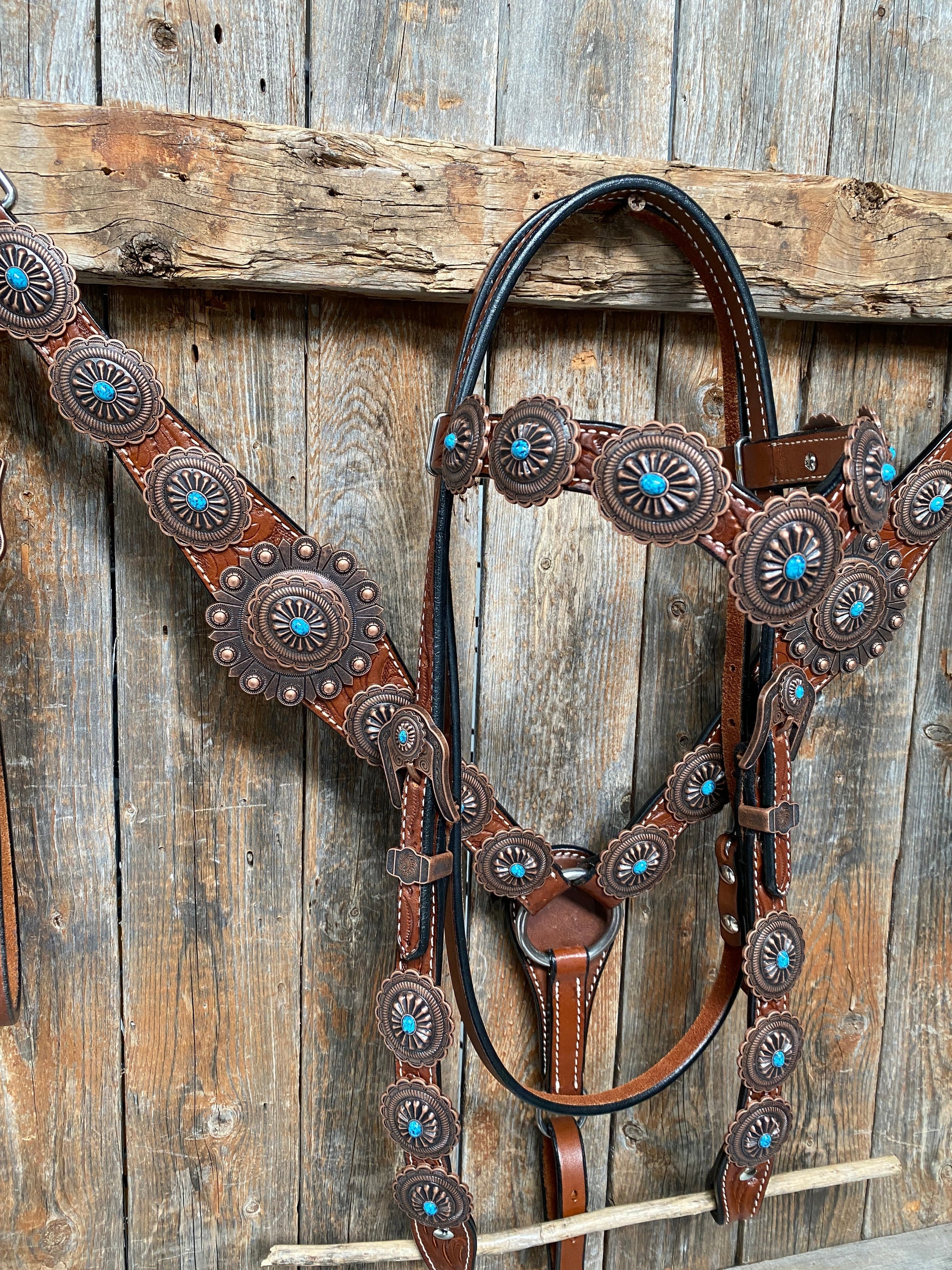 Medium Oil Navajo Style Copper Turquoise Browband &amp; Breastcollar Tack Set 