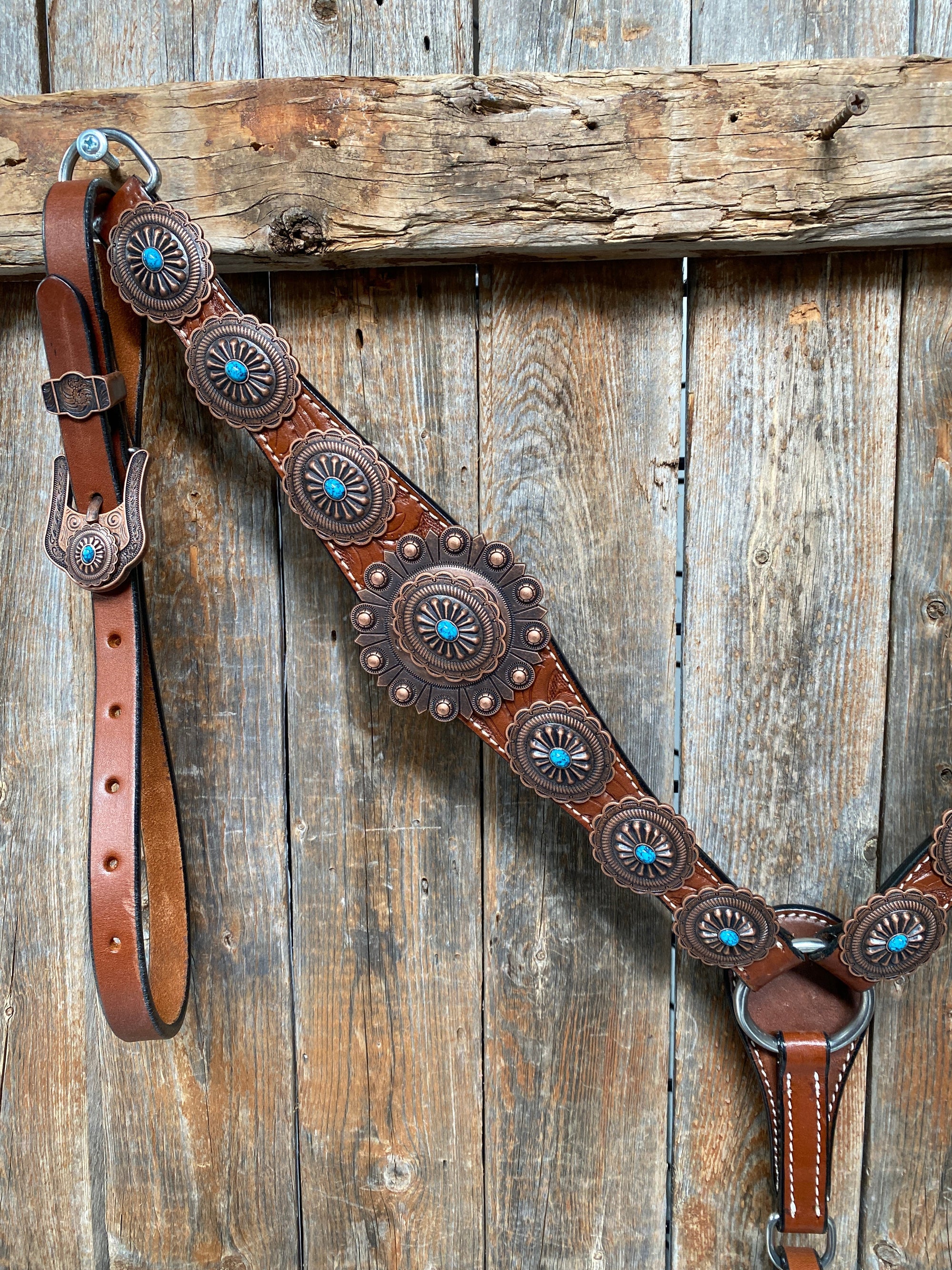 Medium Oil Navajo Style Copper Turquoise Browband &amp; Breastcollar Tack Set 