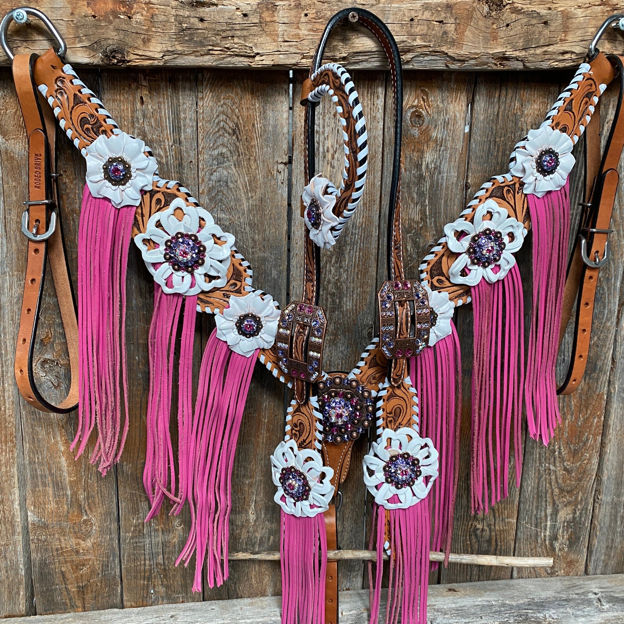 White Whipstitch Pink and White Browband/One Ear &amp; Breastcollar Tack Set 