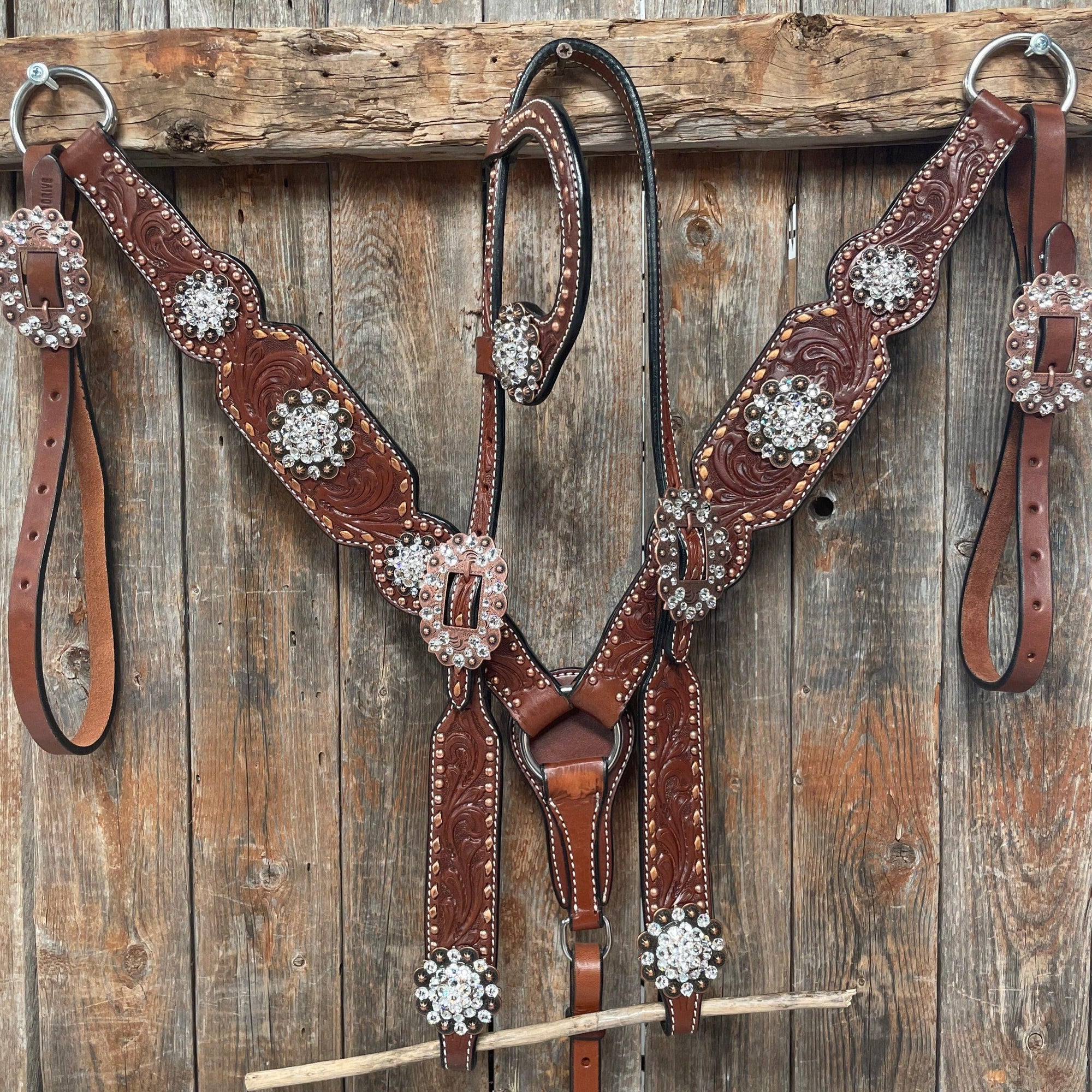 Medium Oil Copper Buckstitch Clear One Ear &amp; Breastcollar Tack Set 