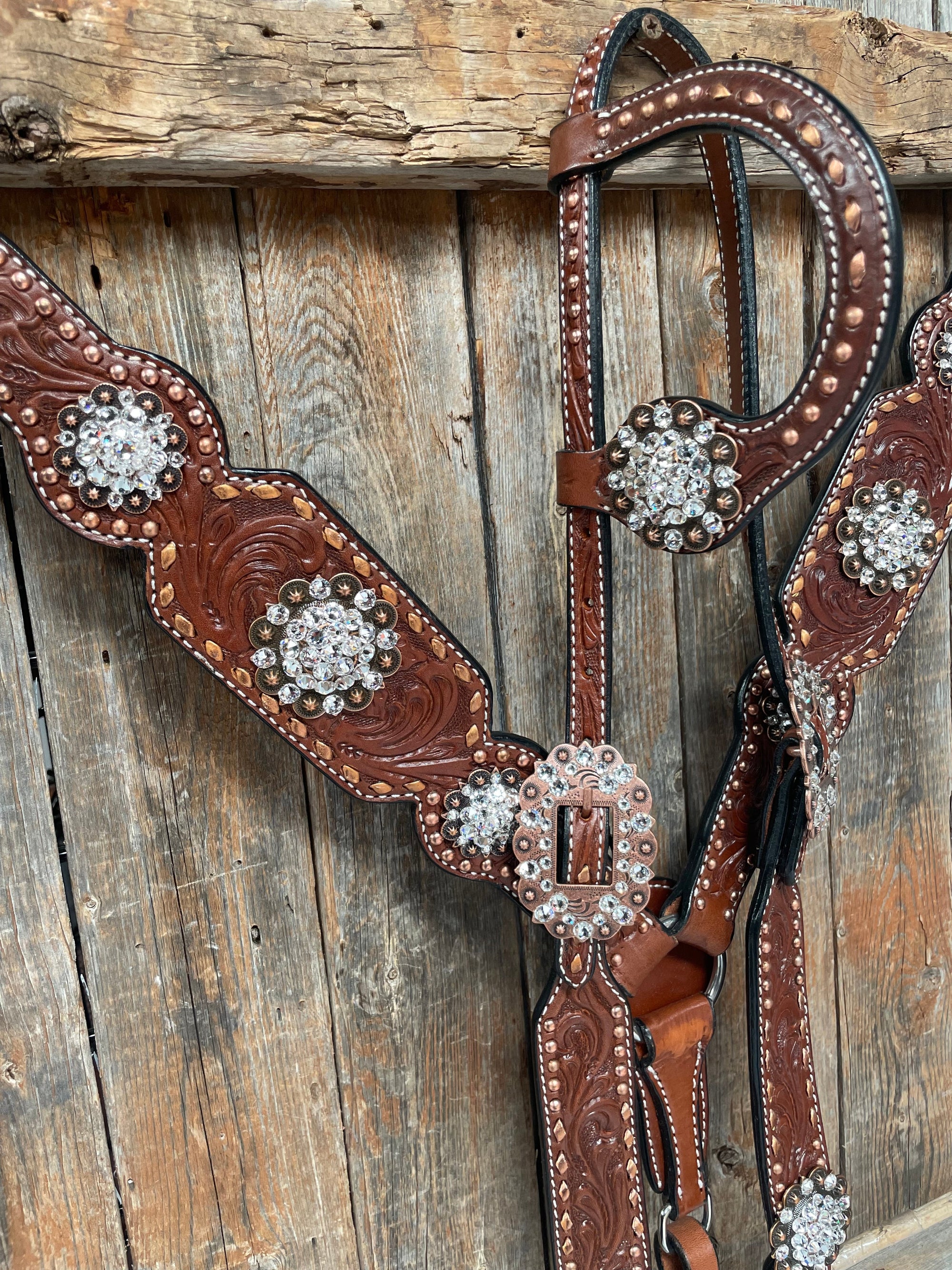 Medium Oil Copper Buckstitch Clear One Ear &amp; Breastcollar Tack Set 