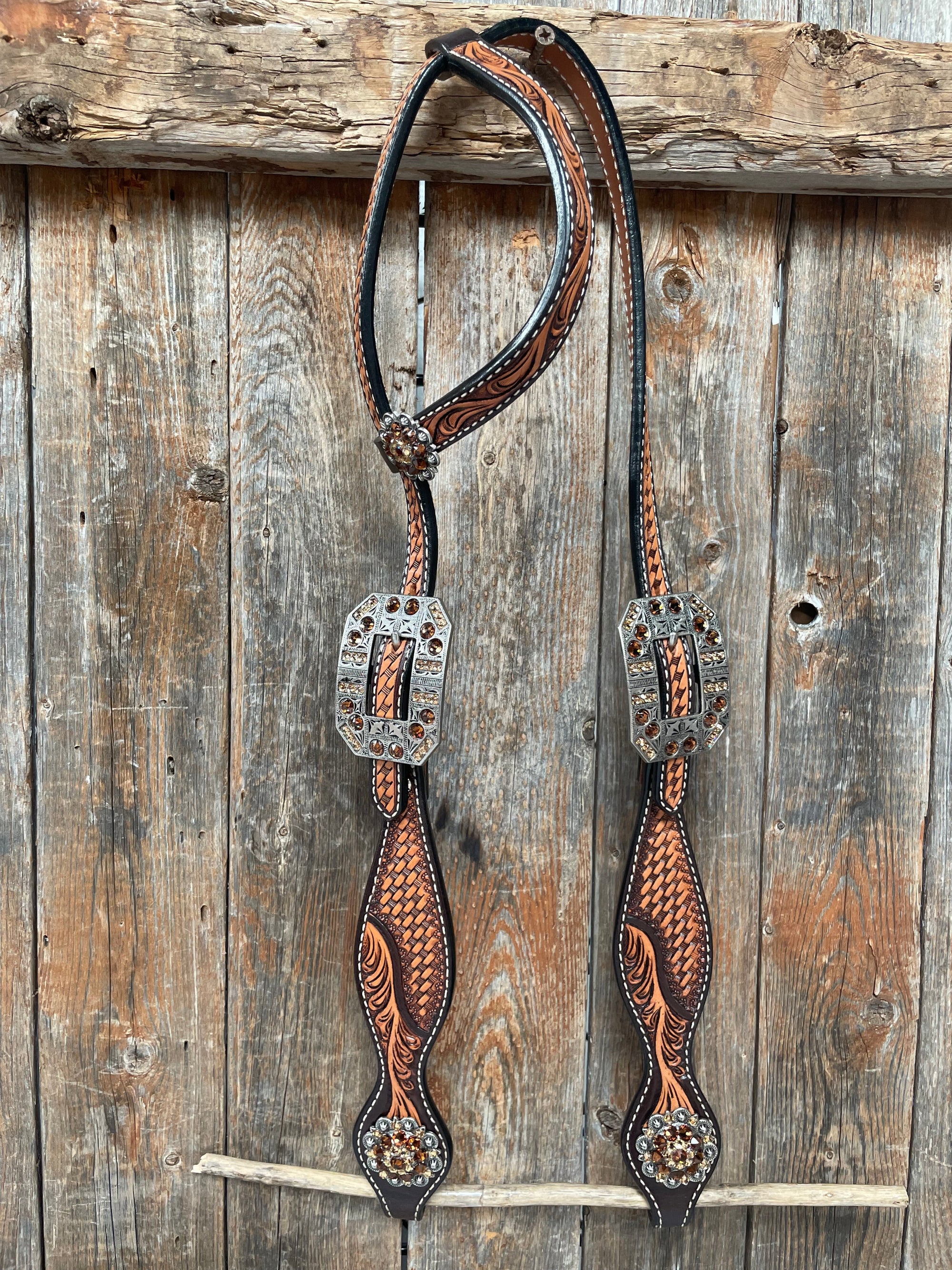 Brown Leaf Scalloped Champagne an Topaz One Ear Headstall 