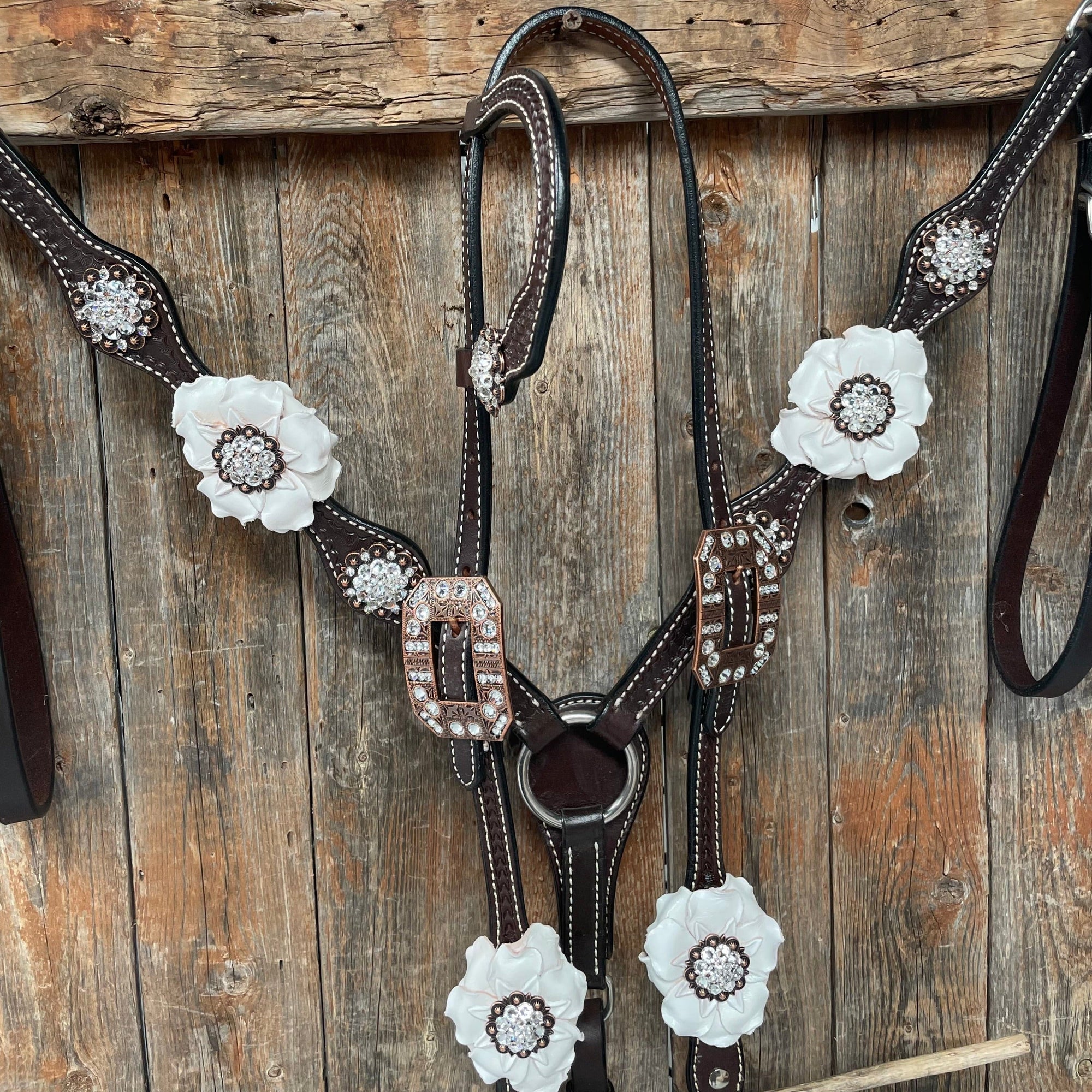 Dark Oil Basketweave White Browband/One Ear Tack Set with Witherstrap  