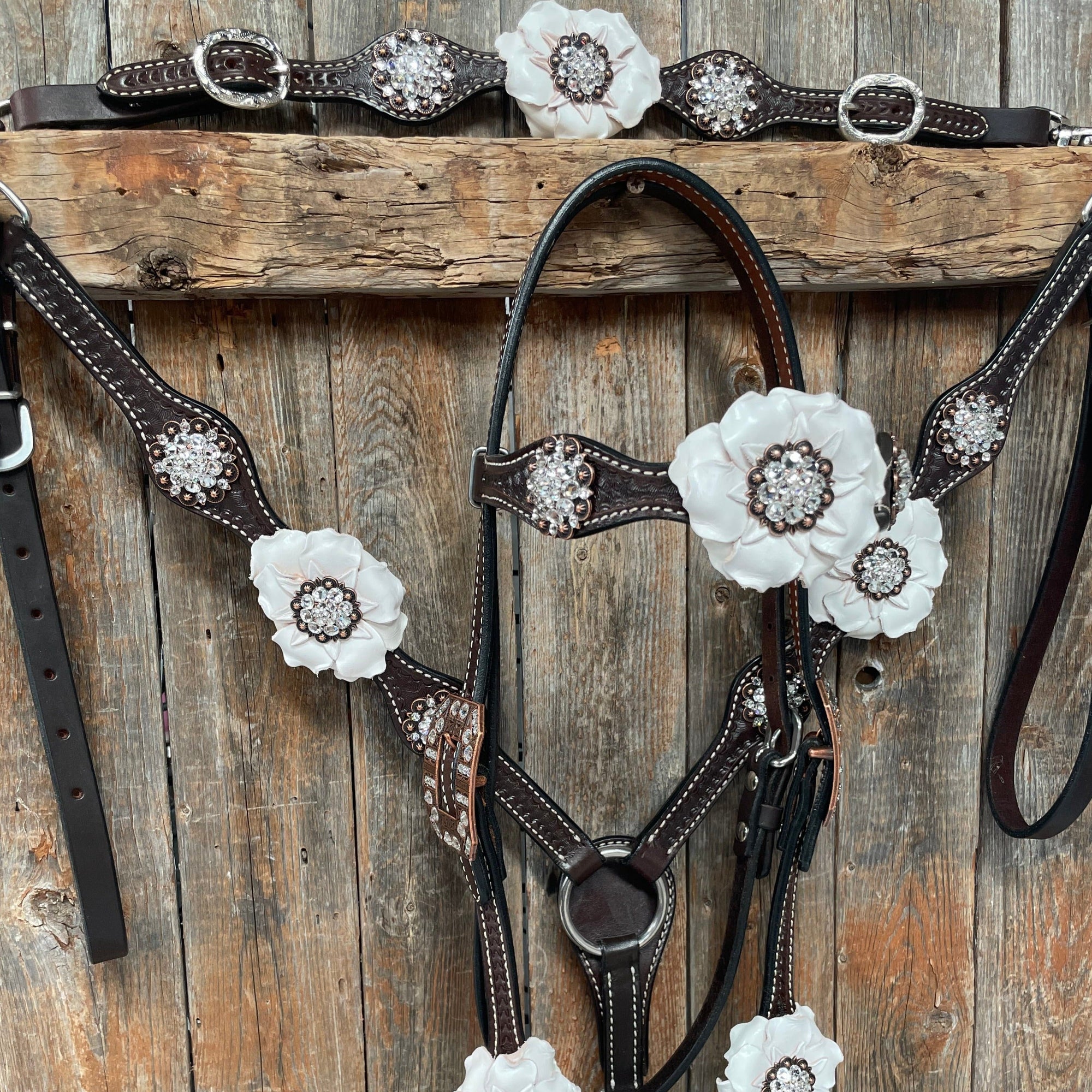 Dark Oil Basketweave White Browband/One Ear Tack Set with Witherstrap  