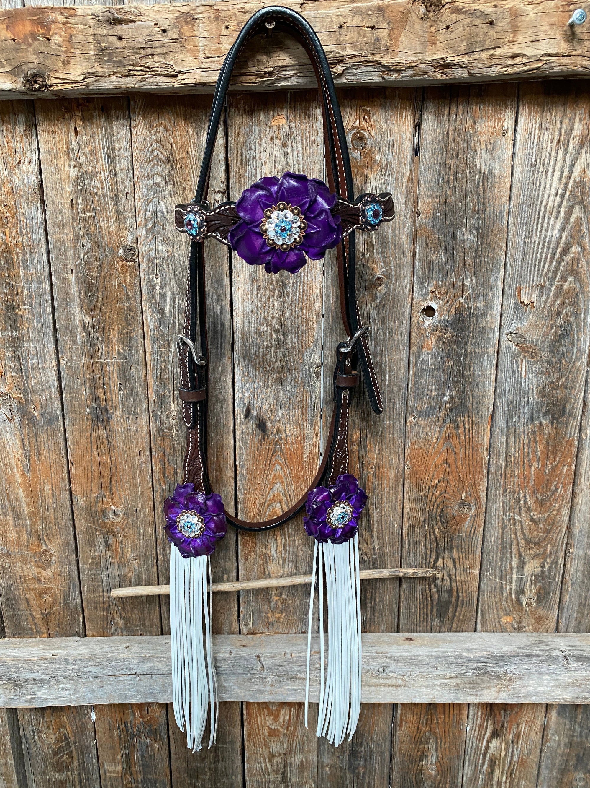 Dark Oil Floral Purple and White Browband / One Ear Tack Set 