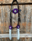 Dark Oil Floral Purple and White Browband / One Ear Tack Set 