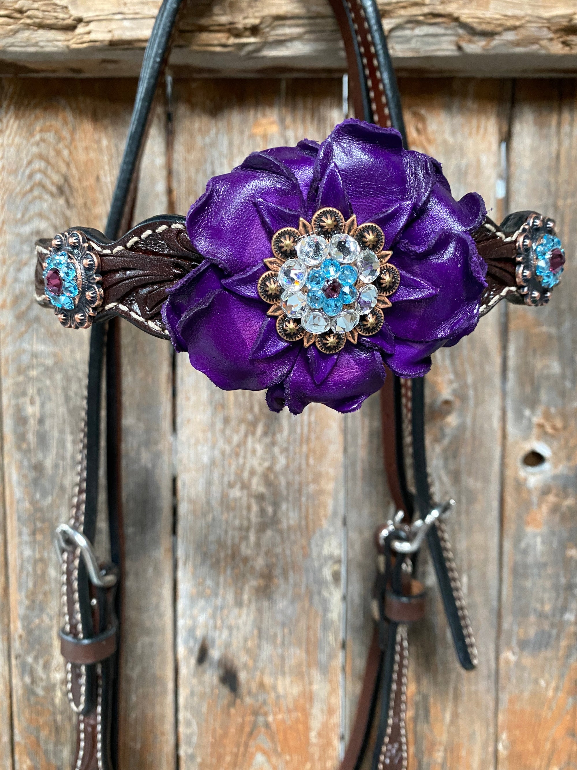 Dark Oil Floral Purple and White Browband / One Ear Tack Set 