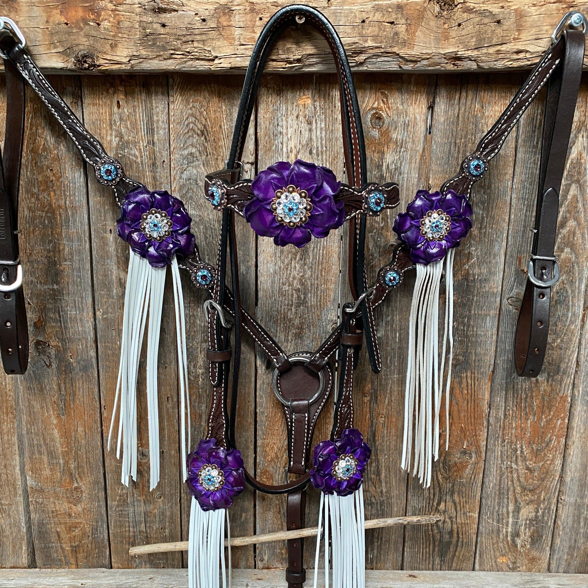 Dark Oil Floral Purple and White Browband / One Ear Tack Set 