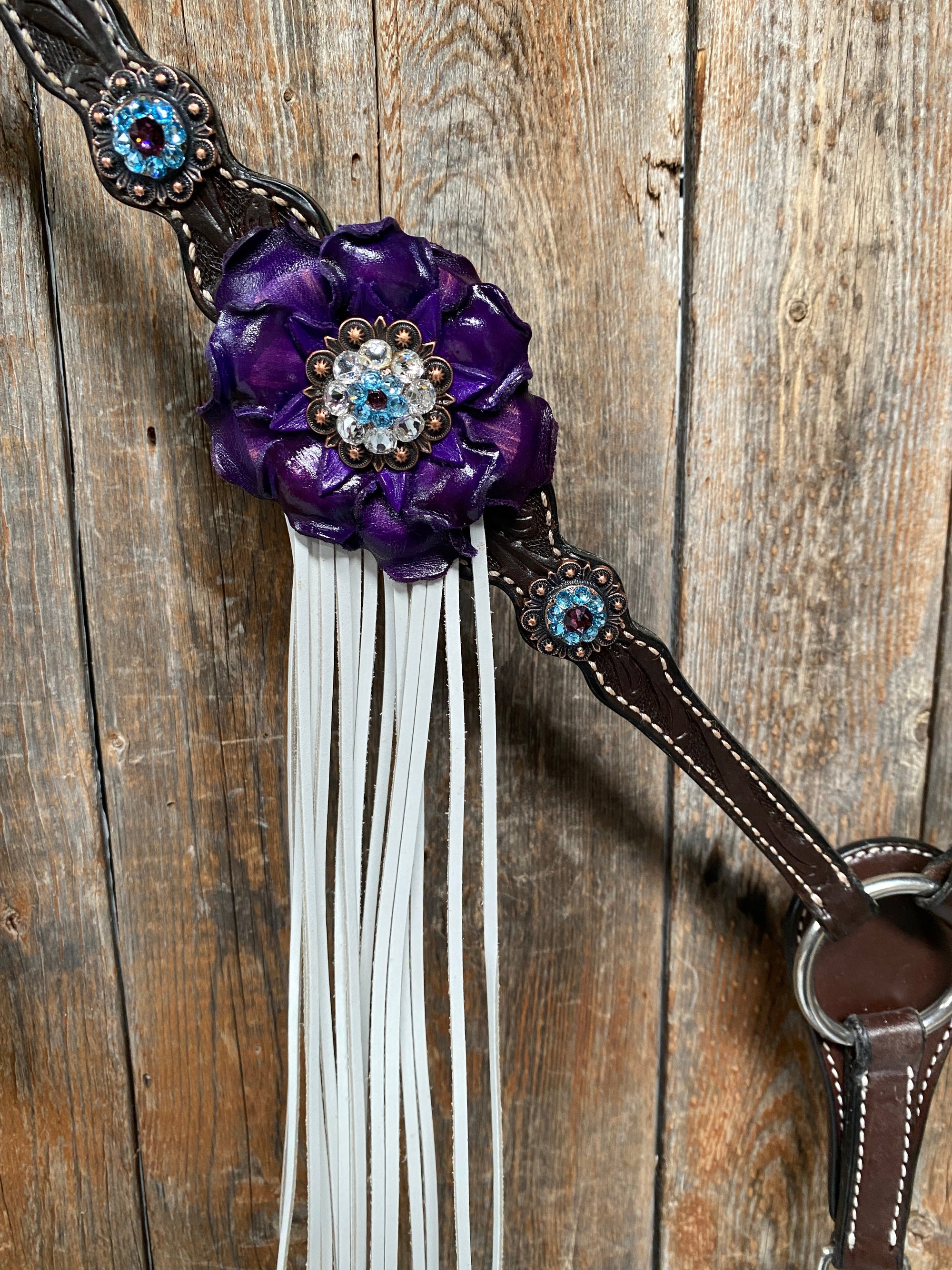 Dark Oil Floral Purple and White Browband / One Ear Tack Set 