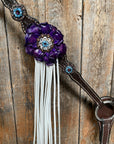 Dark Oil Floral Purple and White Browband / One Ear Tack Set 