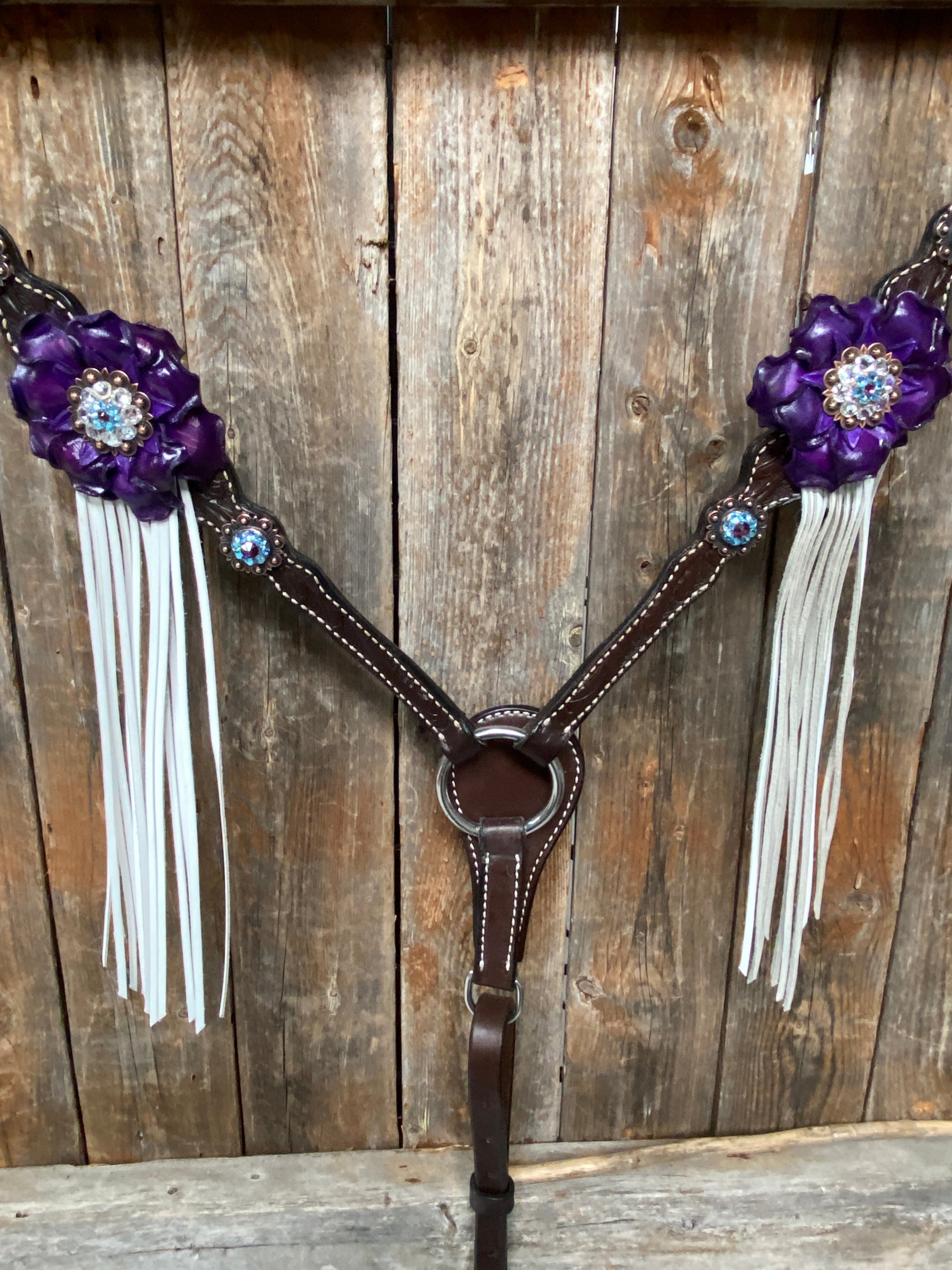 Dark Oil Floral Purple and White Browband / One Ear Tack Set 