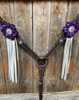 Dark Oil Floral Purple and White Browband / One Ear Tack Set 