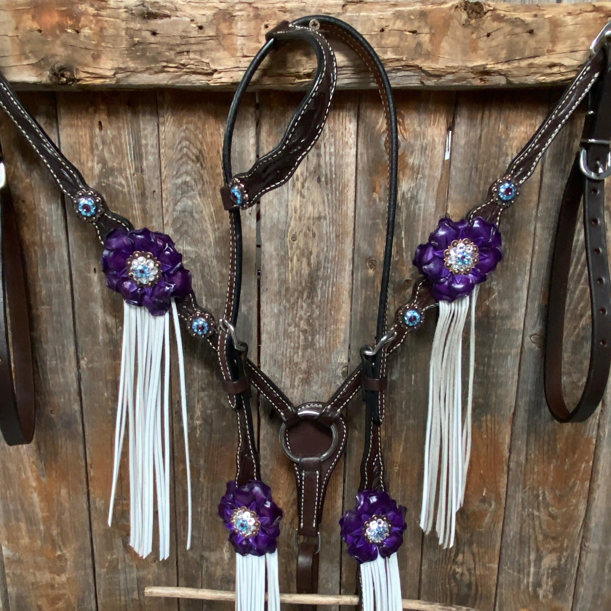 Dark Oil Floral Purple and White Browband / One Ear Tack Set 