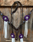 Dark Oil Floral Purple and White Browband / One Ear Tack Set 