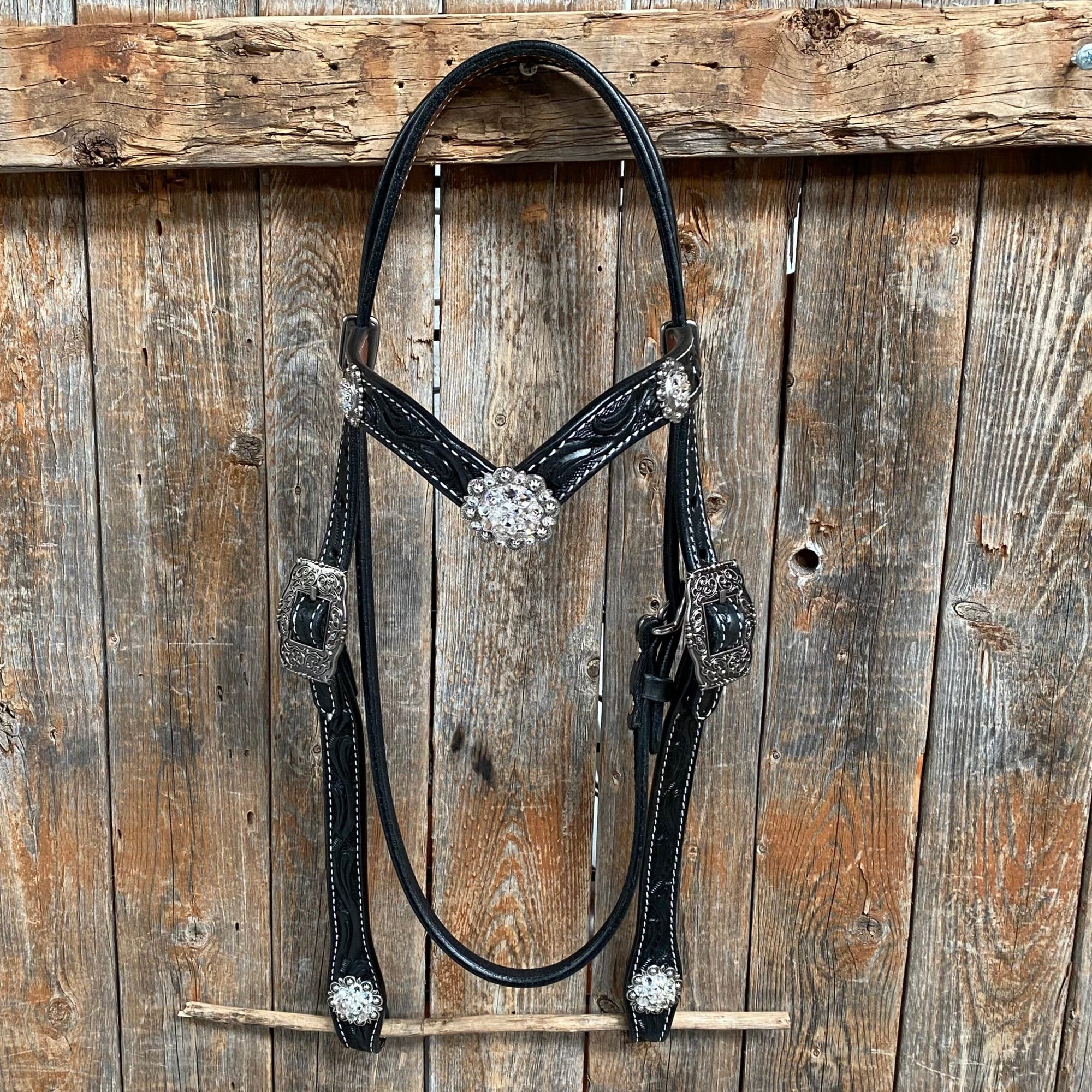 Black Browband Headstall / Bridle &amp; Crystal Conchos 
