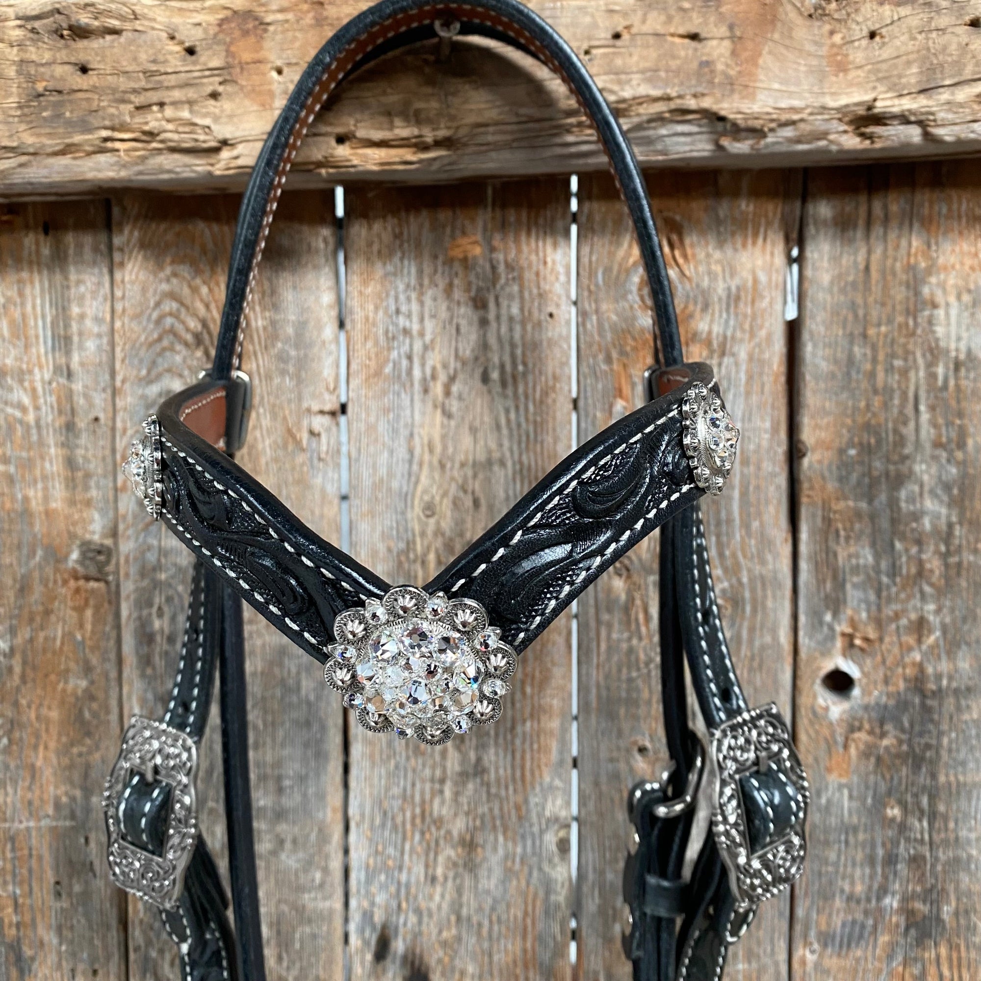 Black Browband Headstall / Bridle &amp; Crystal Conchos 