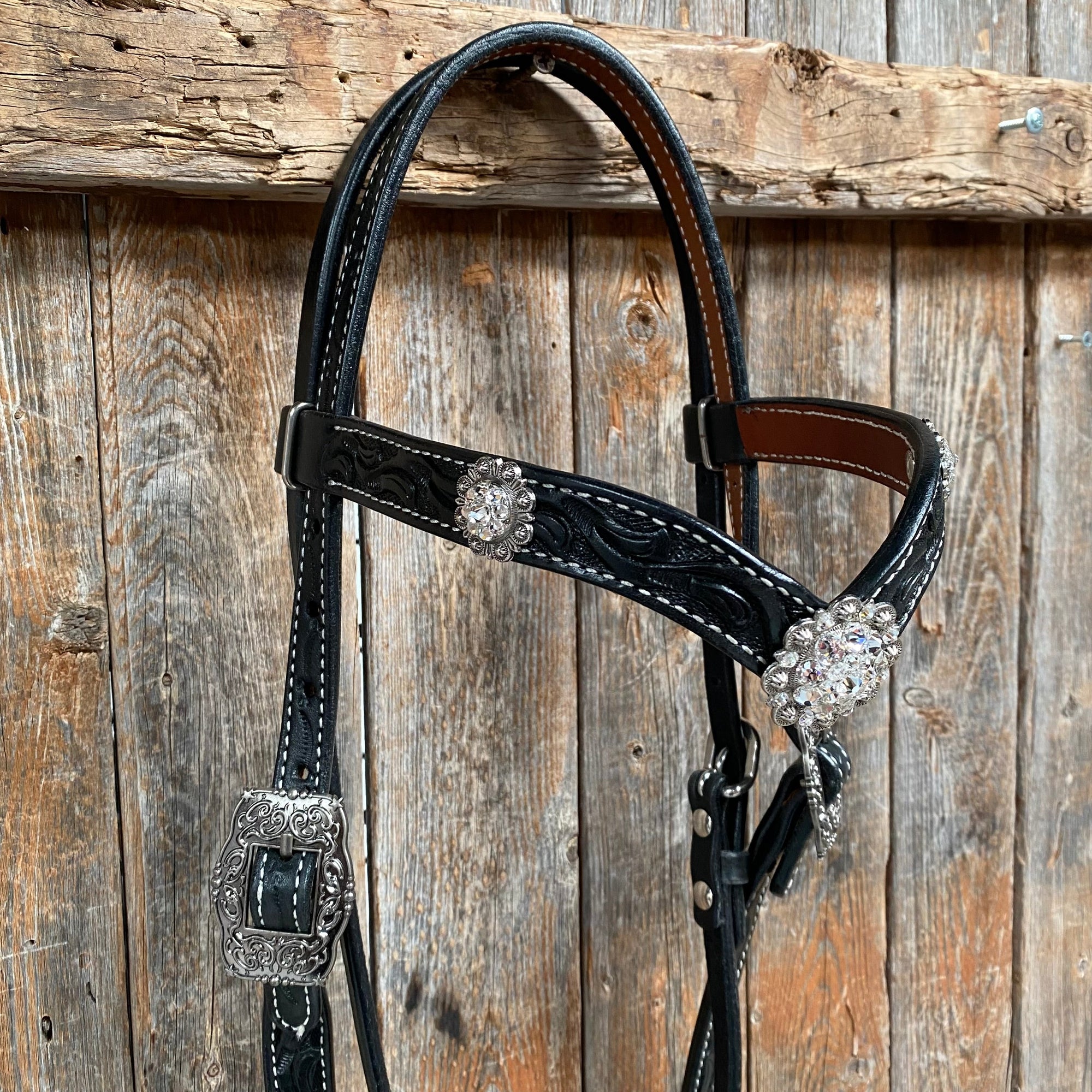 Black Browband Headstall / Bridle &amp; Crystal Conchos 
