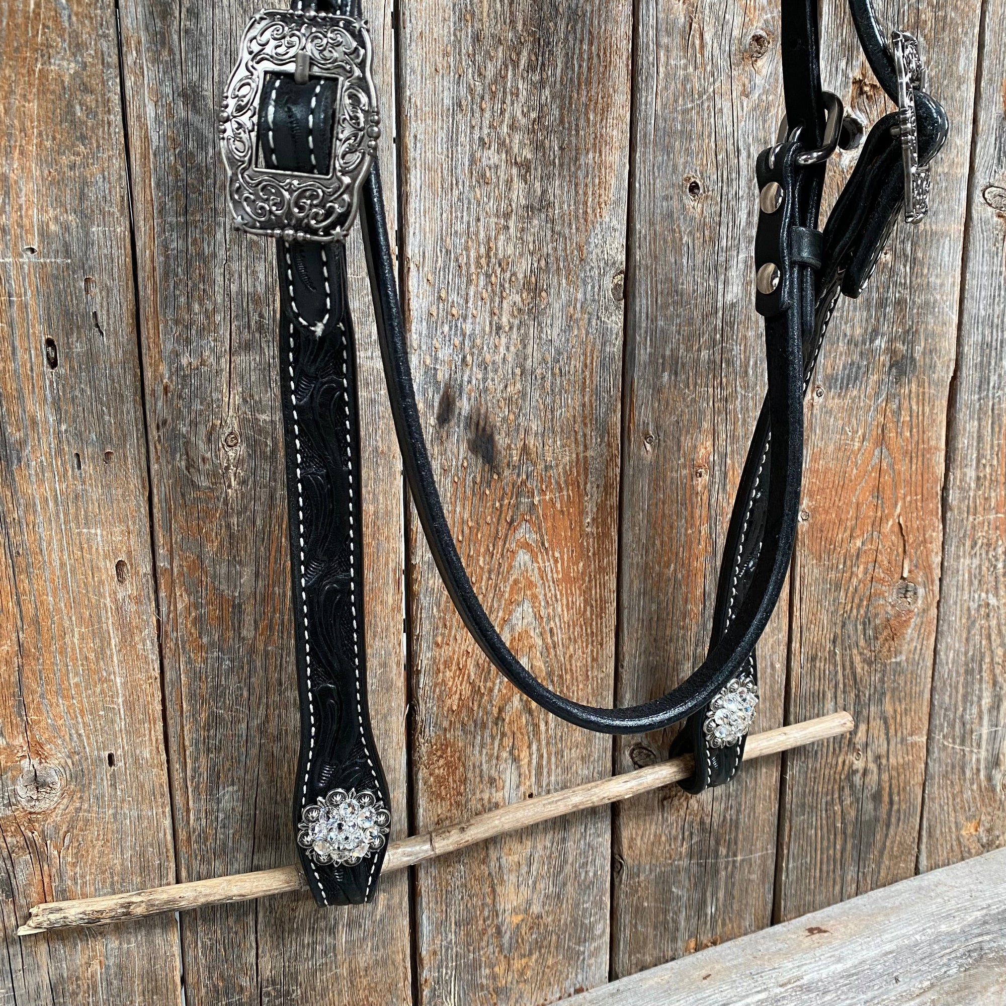 Black Browband Headstall / Bridle &amp; Crystal Conchos 