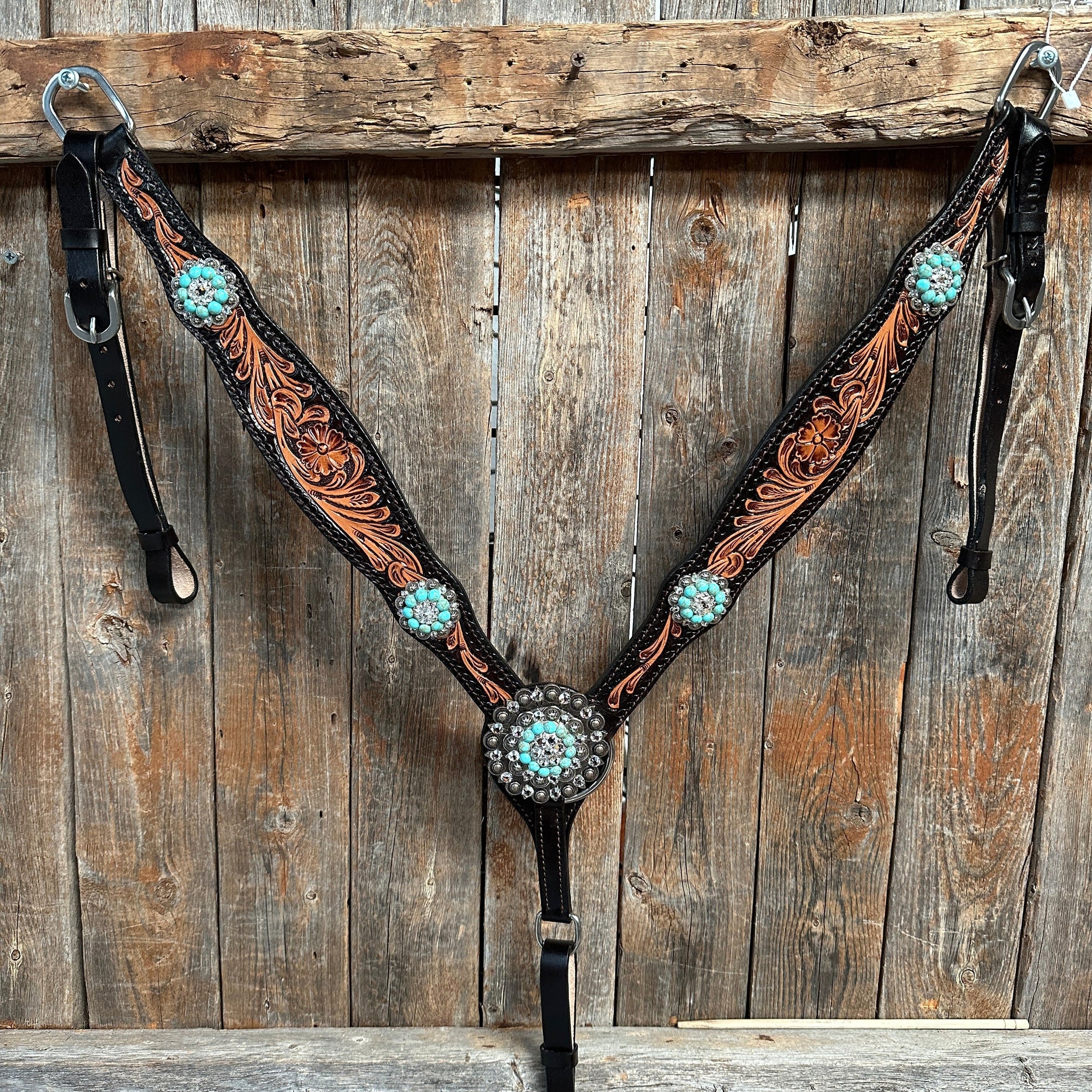 Two Tone Floral Turquoise &amp; Clear One Ear / Browband Breastcollar Tack Set 