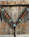 Two Tone Floral Turquoise & Clear One Ear / Browband Breastcollar Tack Set 