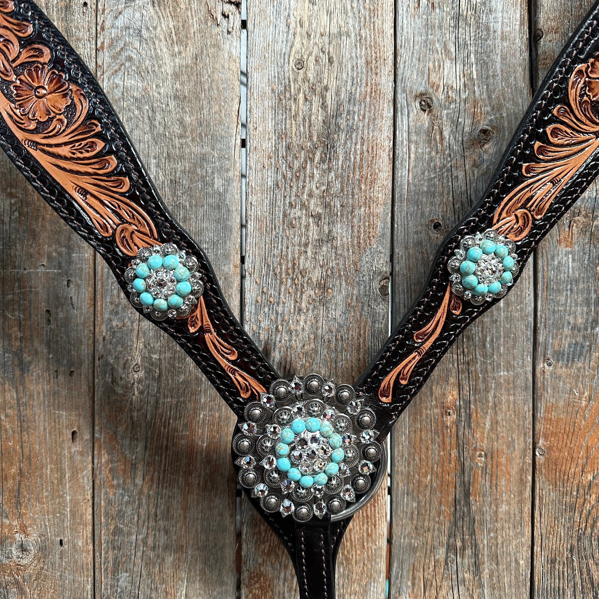 Two Tone Floral Turquoise &amp; Clear One Ear / Browband Breastcollar Tack Set 